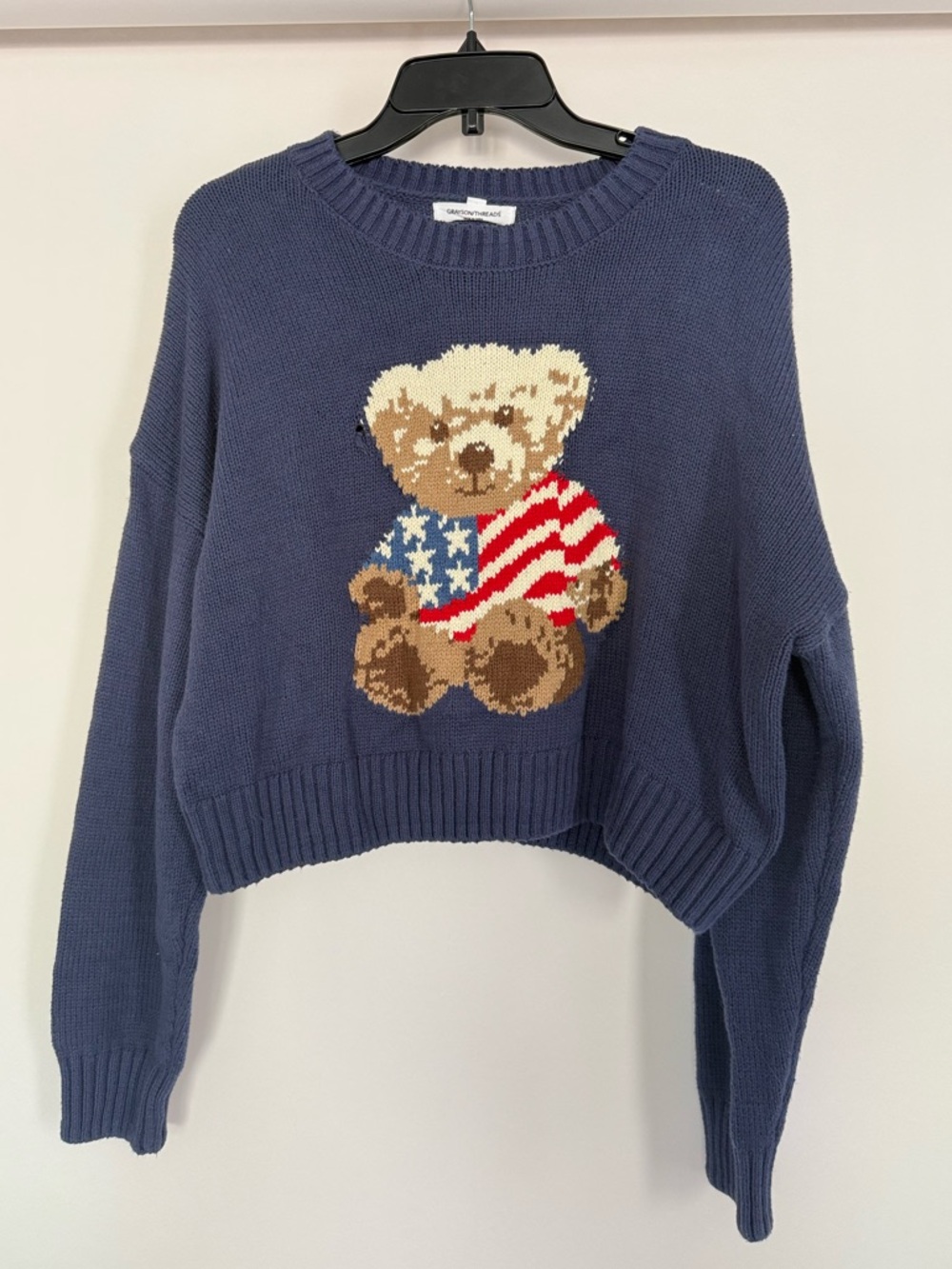Navy Teddy Bear Crewneck Knit Sweater